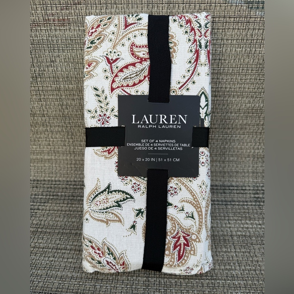 Ralph Lauren Cream Red Green Christmas Paisley Cotton Napkin Set 4pc